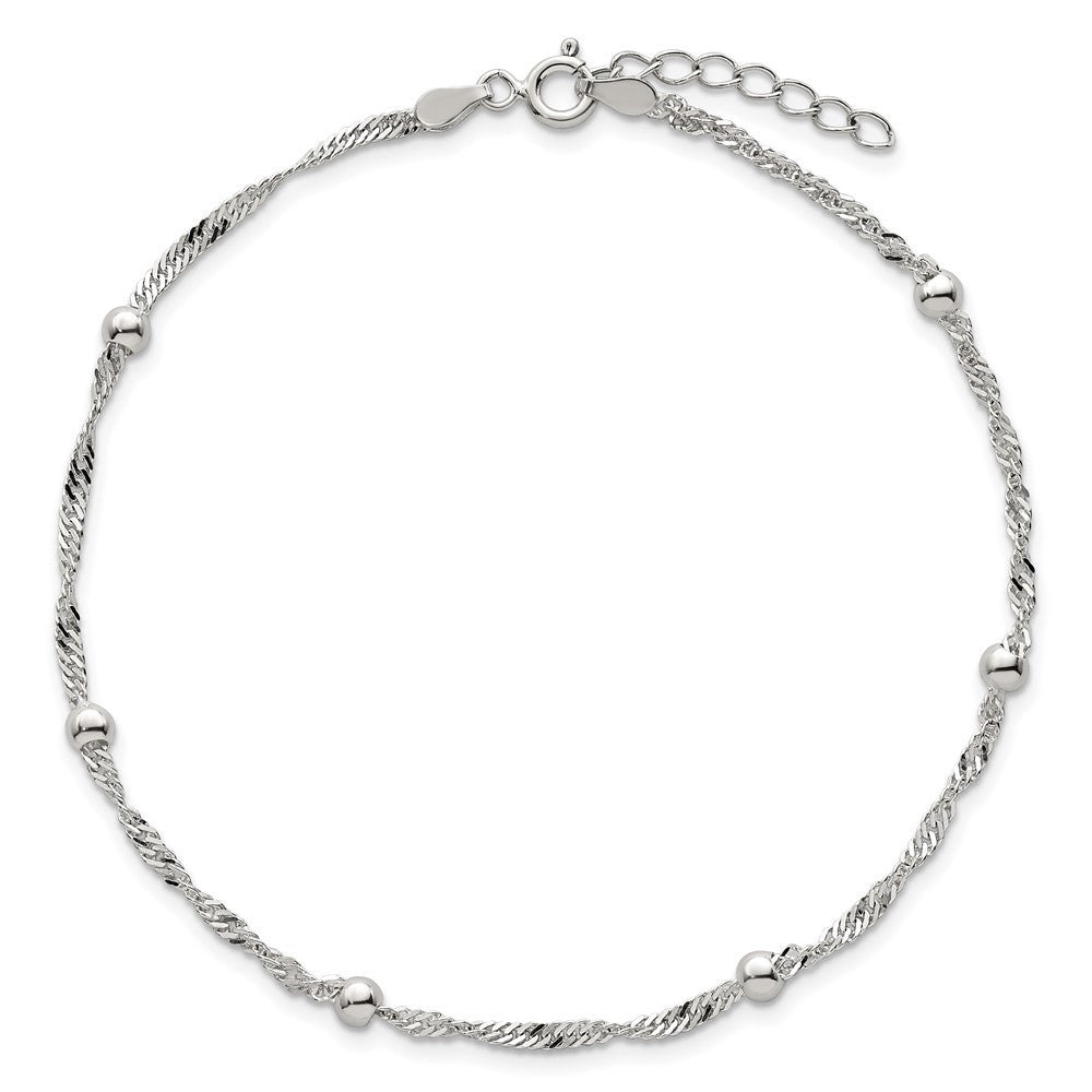 Sterling Silver Beaded 6-Station 9 inch Plus 1 inch Extender - Total 10 inch Anklet