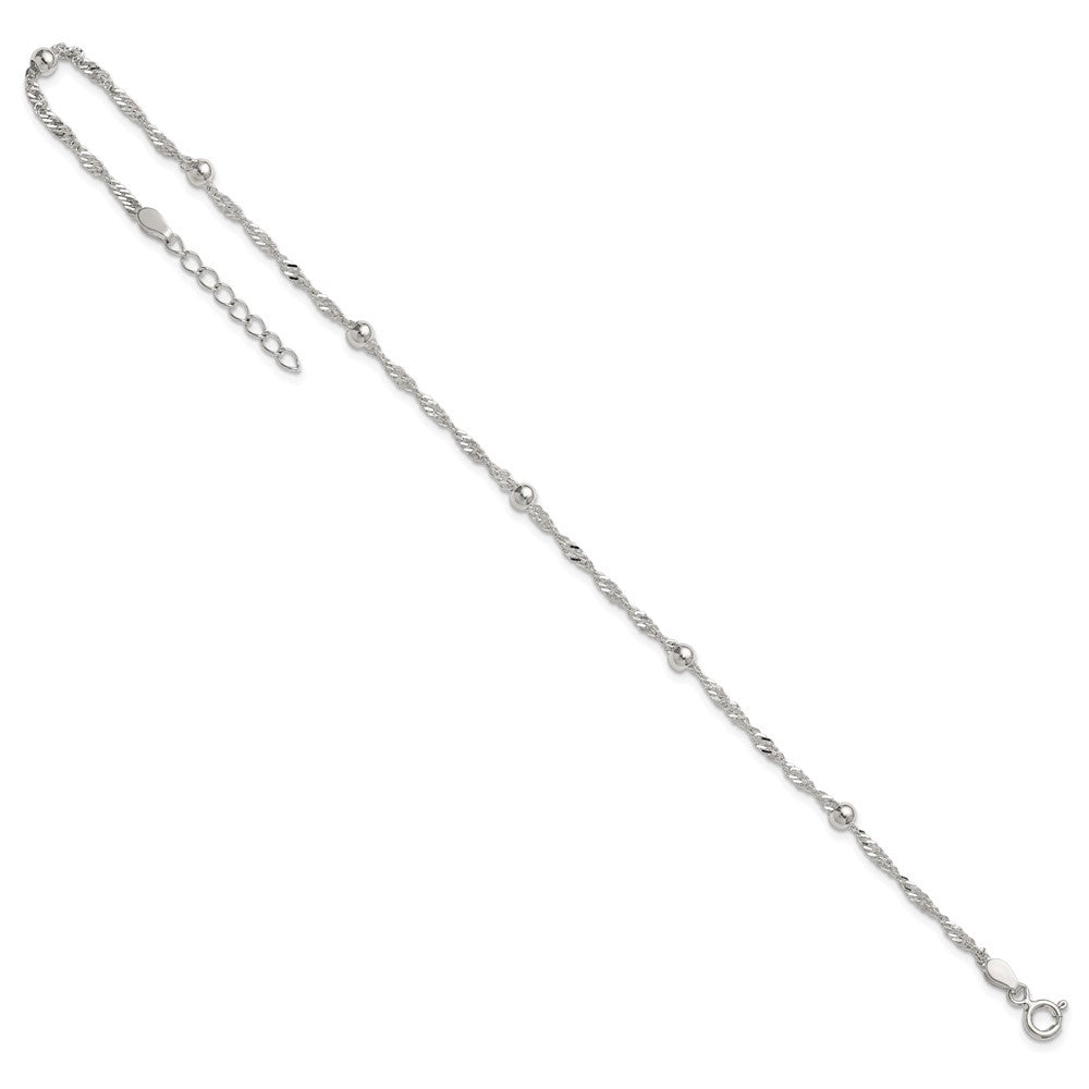 Sterling Silver Beaded 6-Station 9 inch Plus 1 inch Extender - Total 10 inch Anklet