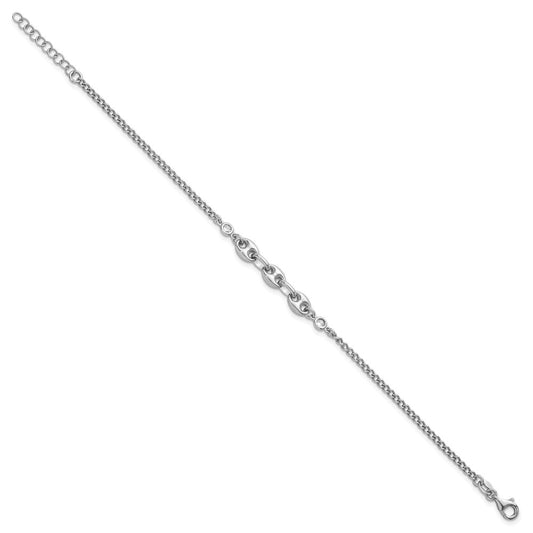 Sterling Silver Rhodium-plated Puffed Mariner Center with Side CZs 7 inch with 1 inch Extender Bracelet