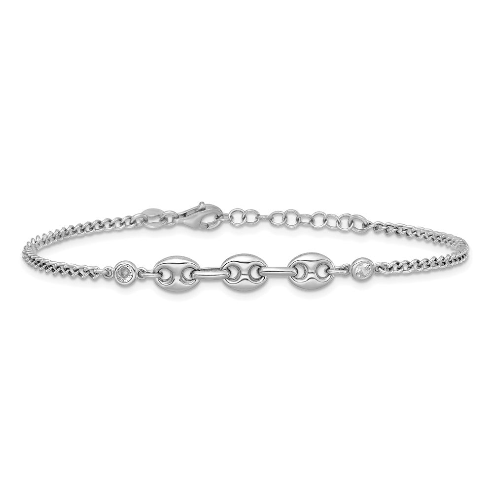 Sterling Silver Rhodium-plated Puffed Mariner Center with Side CZs 7 inch with 1 inch Extender Bracelet