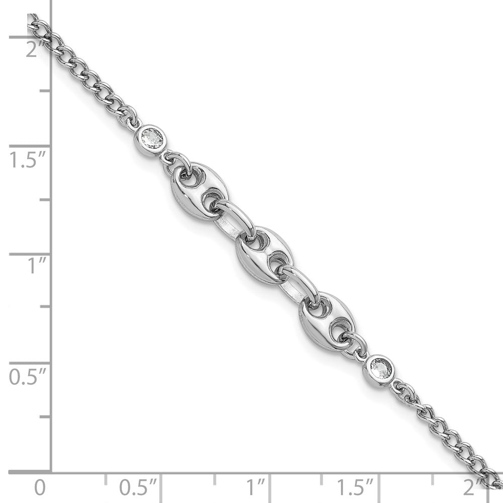 Sterling Silver Rhodium-plated Puffed Mariner Center with Side CZs 7 inch with 1 inch Extender Bracelet