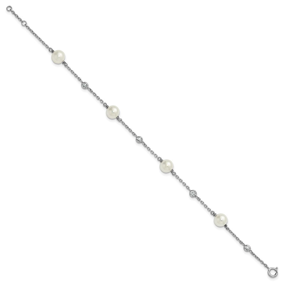 Sterling Silver Rhodium-plated Polished CZ and Shell Pearl 8-Station 7 inch with 0.5 inch Extender Bracelet