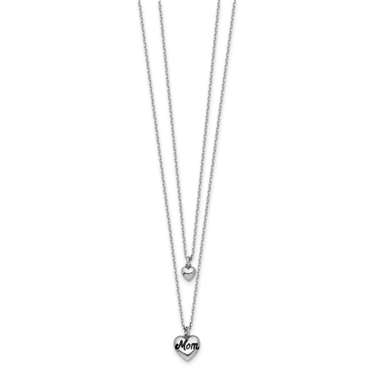 Sterling Silver Rhodium-plated Two-Strand Black Enameled MOM Puffed Heart and Small Heart 16 inch with 1 inch extension Necklace
