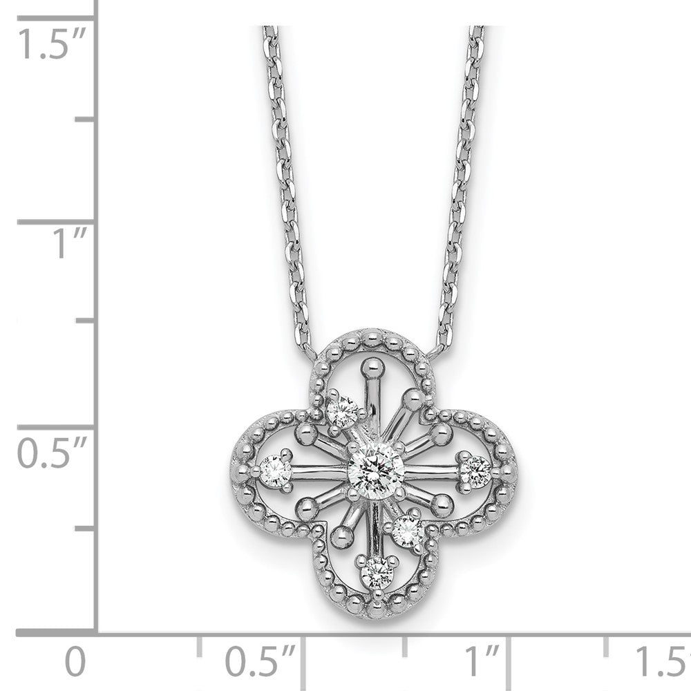 Sterling Silver Rhodium-plated CZ Textured Clover Shape 16 inch with 1.25 inch Extension Necklace