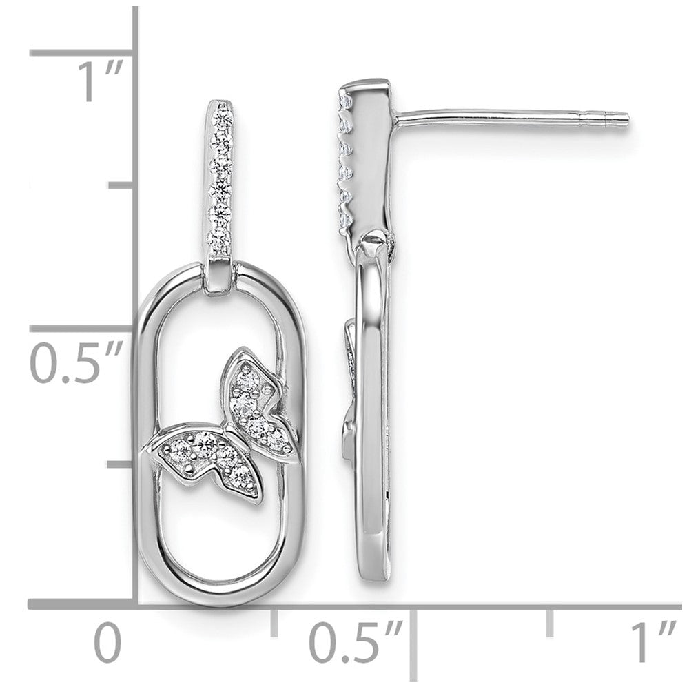 Sterling Silver Rhodium-plated CZ Oval Dangle With Butterfly Post Earrings