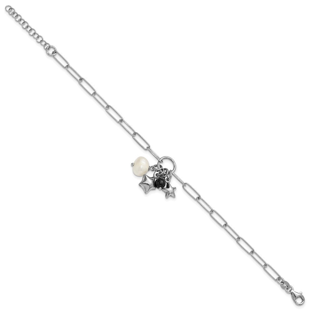 Sterling Silver Rhodium-plated Stars and White Freshwater Cultured Pearl and Black Acrylic Bead 6.75 inch with 1 inch Extender Paperclip Bracelet