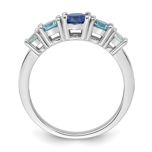 Sterling Silver Rhodium-plated Polished Lab Created Spinel/Lab Created Aquamarine/CZ 5-Stone Size 7 Ring