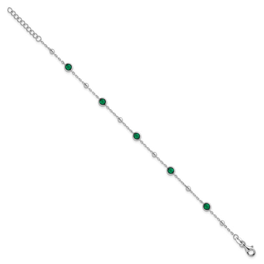 Sterling Silver Rhodium-plated Polished and Beaded Bezel-set Round Green CZ 7 Inch with 1 Inch Extension Bracelet