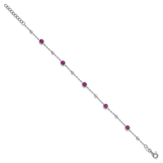 Sterling Silver Rhodium-plated Polished and Beaded Bezel-set Round Red CZ 7 Inch with 1 Inch Extension Bracelet