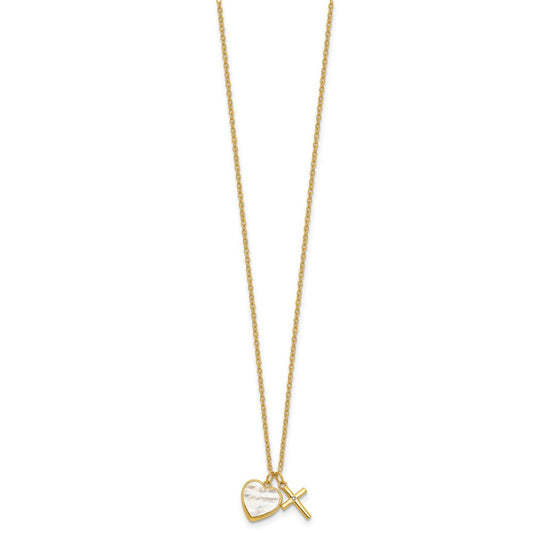 Sterling Silver Gold-plated Polished Mother of Pearl Heart and CZ Cross 14 Inch with 3 Inch Extension Children's Necklace