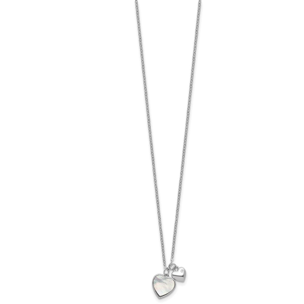 Sterling Silver Rhodium-plated Polished Mother of Pearl and CZ Hearts 14 Inch with 3 Inch Extension Children's Necklace