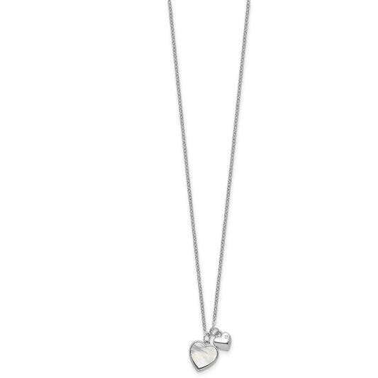 Sterling Silver Rhodium-plated Polished Mother of Pearl and CZ Hearts 14 Inch with 3 Inch Extension Children's Necklace