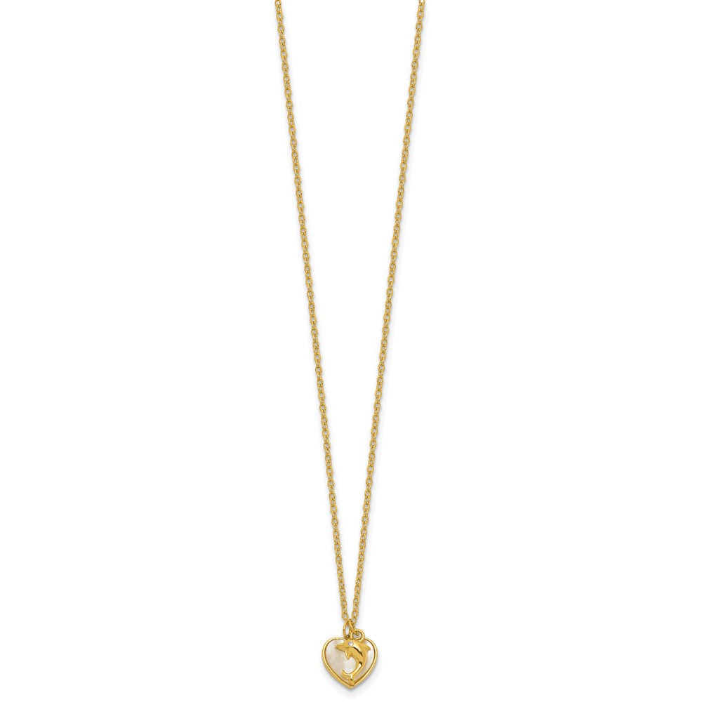 Sterling Silver Gold-tone Polished Mother of Pearl and CZ Heart and Dolphin 16 Inch with 2 Inch Extension Necklace