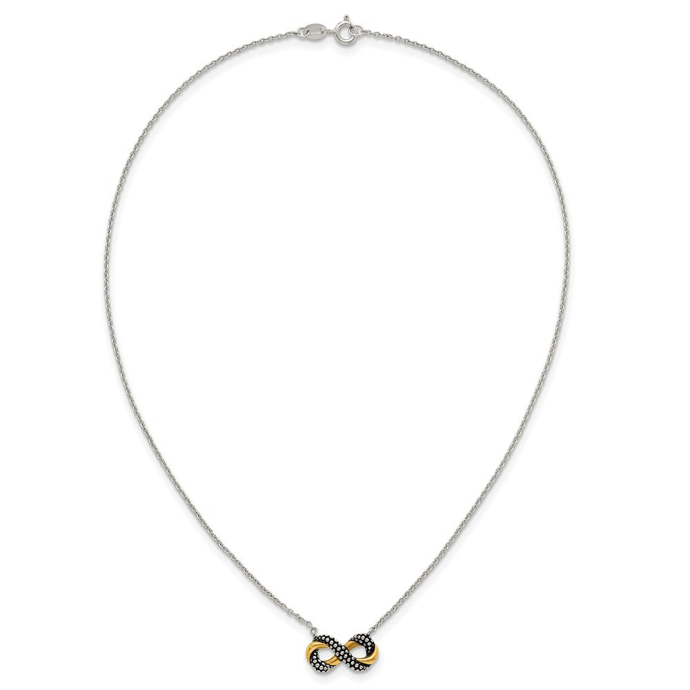 Sterling Silver with Gold-tone Polished and Antiqued Beaded Infinity Charm 16 inch Necklace
