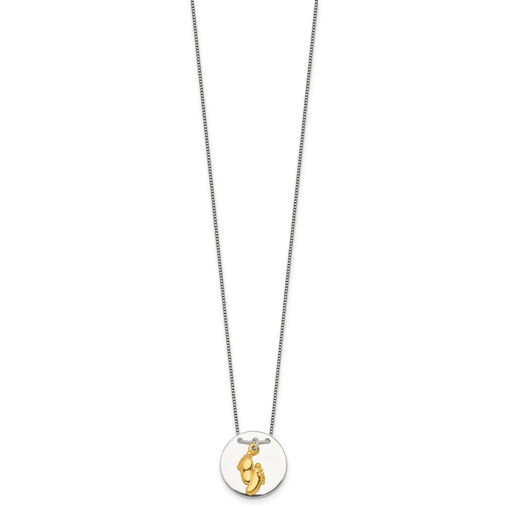 Sterling Silver with Gold-tone Polished Footprint Dangle on Disc 16 inch Necklace