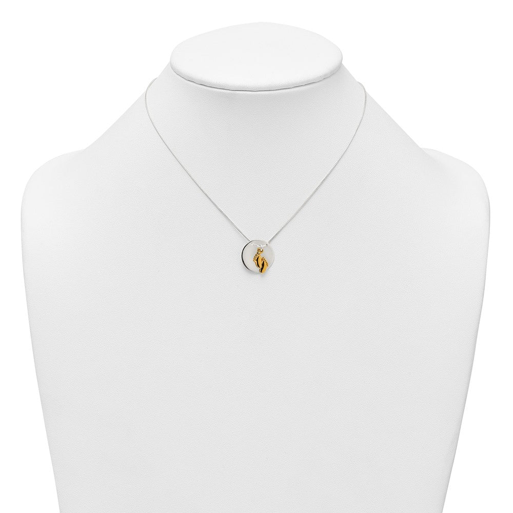 Sterling Silver with Gold-tone Polished Footprint Dangle on Disc 16 inch Necklace