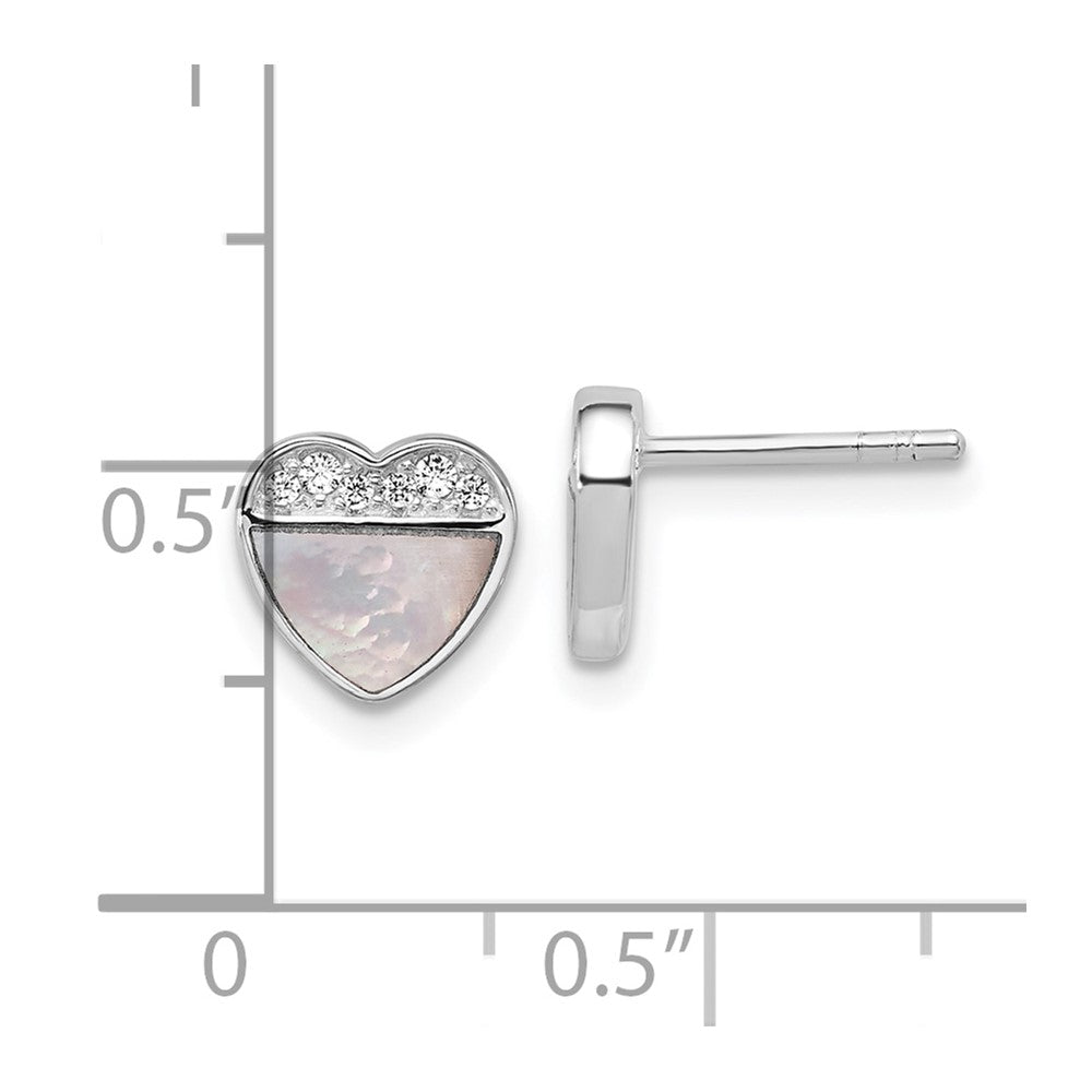 Sterling Silver Rhodium-plated Polished Mother of Pearl and CZ Heart Post Earrings