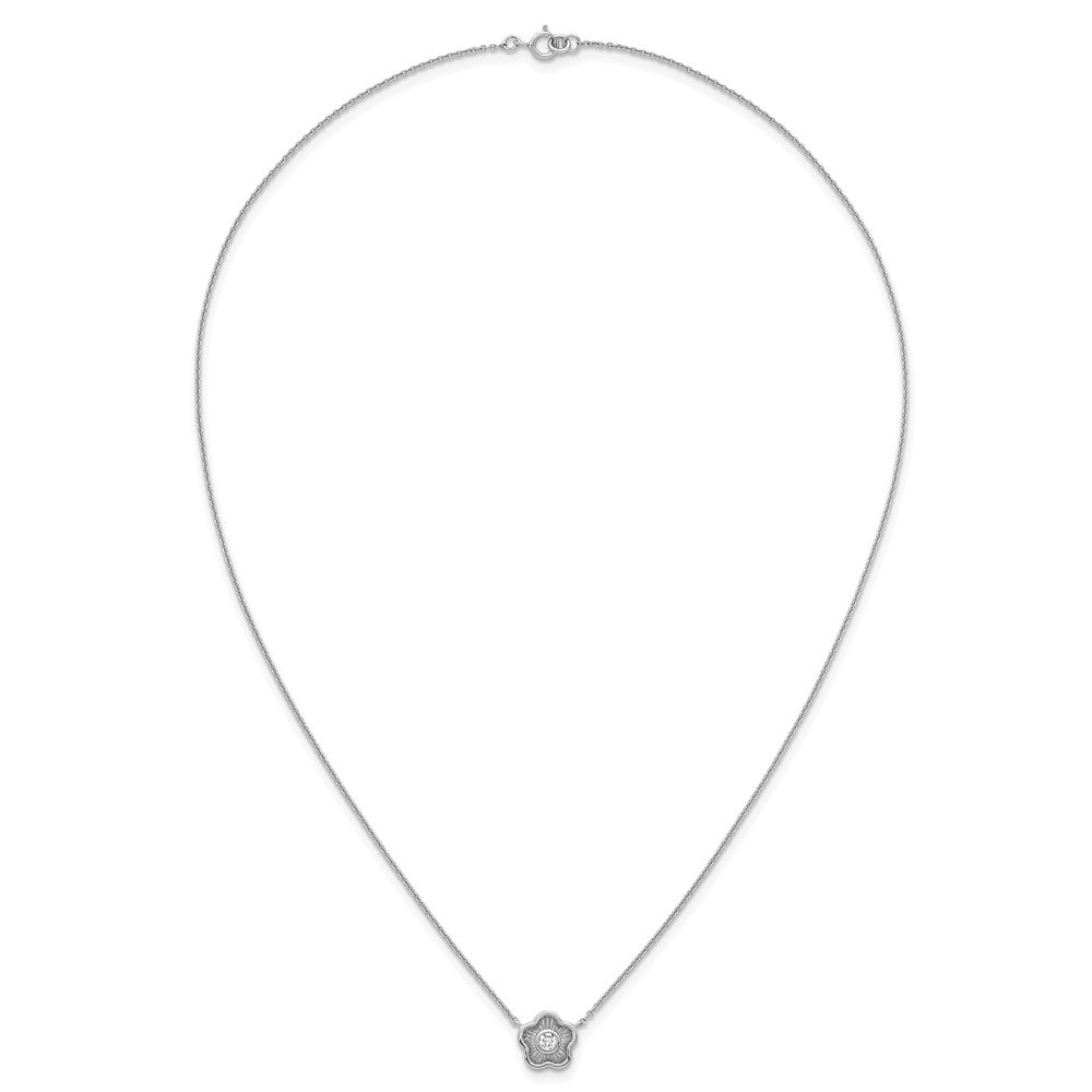 Sterling Silver Rhodium-plated Polished Textured CZ Flower 18 Inch Necklace