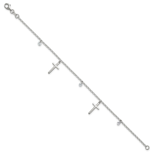 Sterling Silver Polished White CZ Dangles and Cross Charm 7.5 inch Bracelet