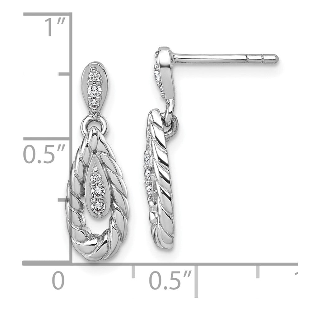 Sterling Silver Rhodium-plated Polished CZ Twisted Teardrop Dangle Post Earrings