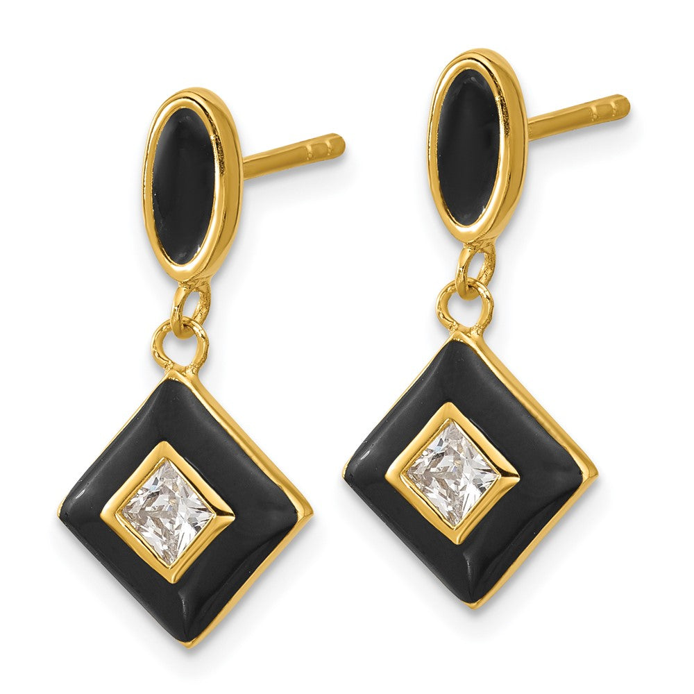 Sterling Silver Gold-plated CZ and Black Enameled Dangle Post Earrings
