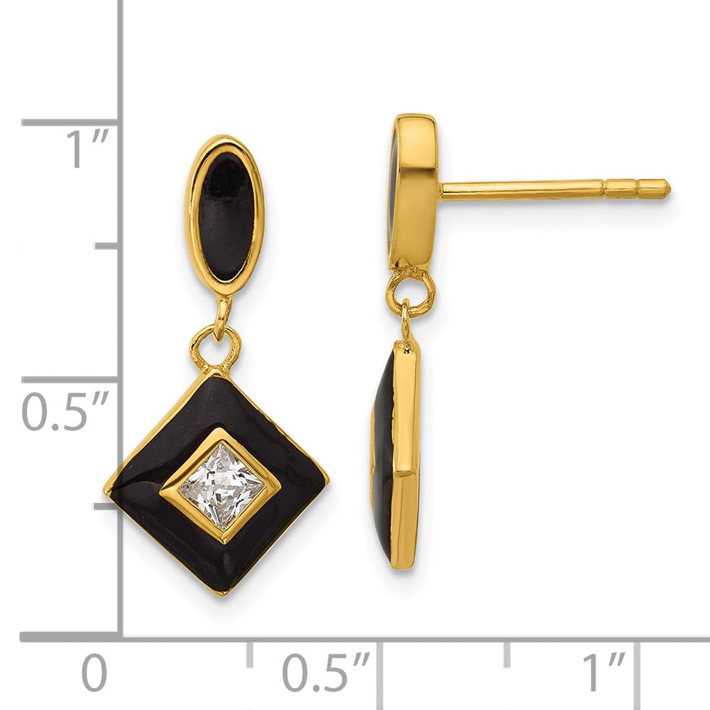 Sterling Silver Gold-plated CZ and Black Enameled Dangle Post Earrings