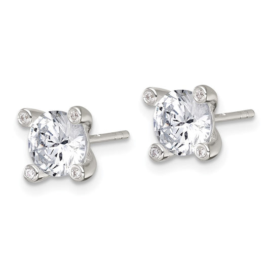 Sterling Silver Polished CZ with 4 CZ Prongs Post Earrings