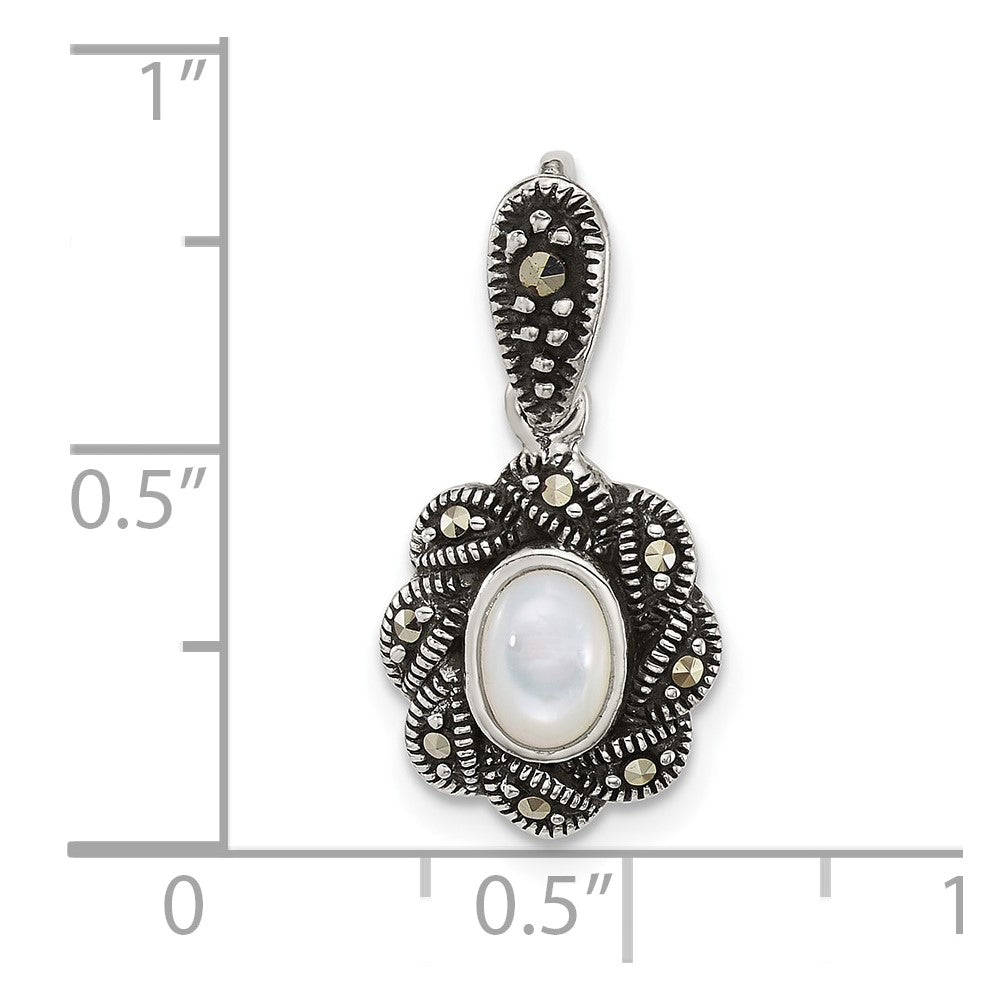 Sterling Silver Antiqued Marcasite and Mother of Pearl Oval Fancy Pendant