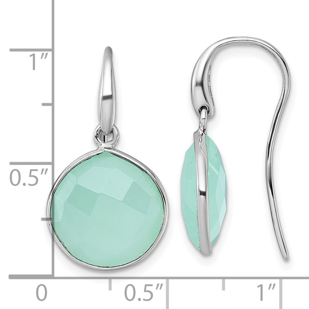 Sterling Silver Rhodium-plated Polished Round Checker-cut Green Chalcedony Shepherd Hook Earrings