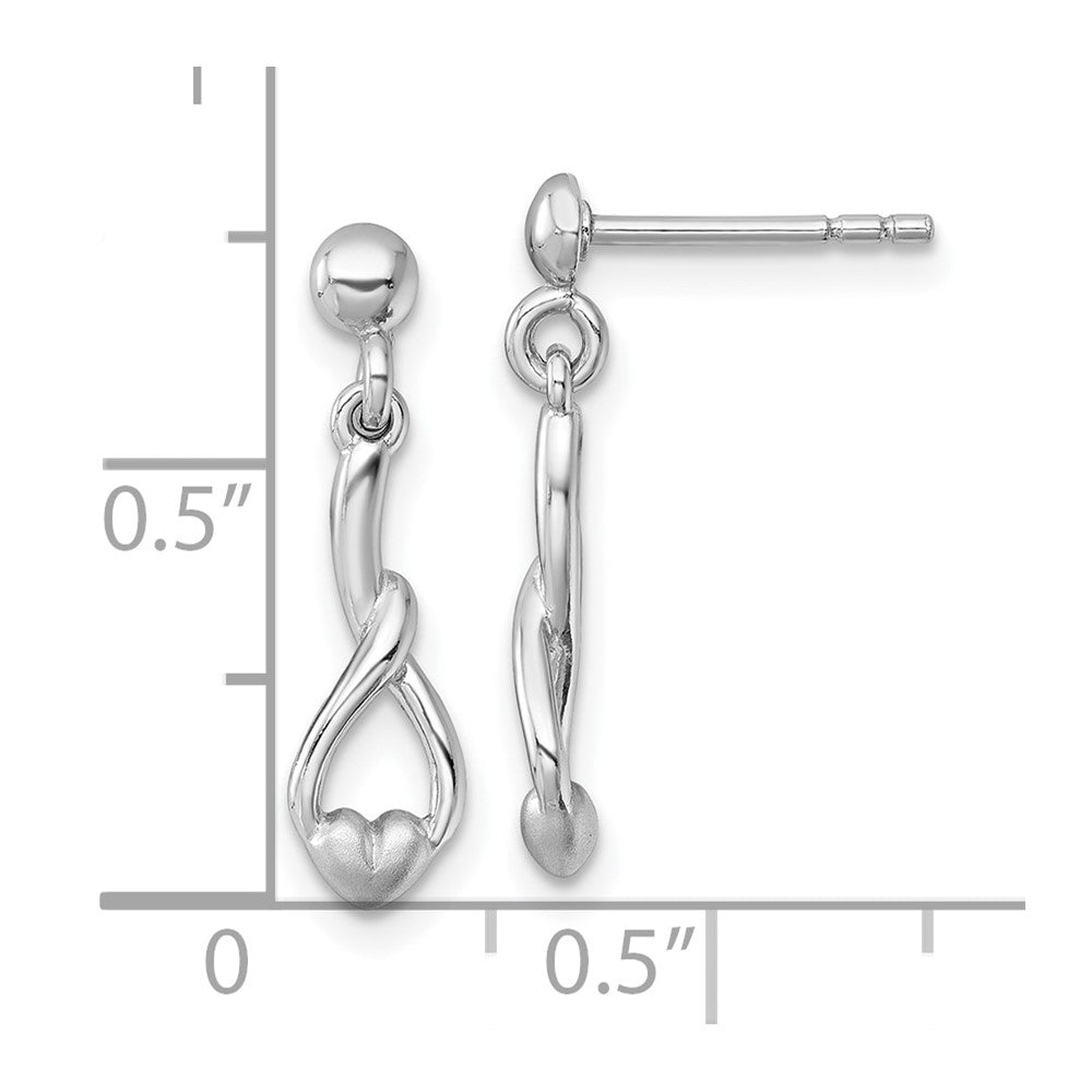 Sterling Silver Rhodium-plated Polished and Brushed Fancy Teardrop Heart Dangle Post Earrings