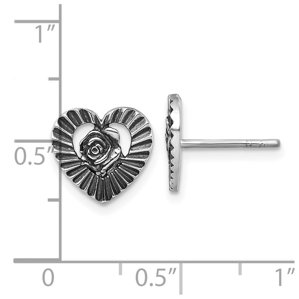 Sterling Silver Antiqued Polished Open Heart With Flower Post Earrings