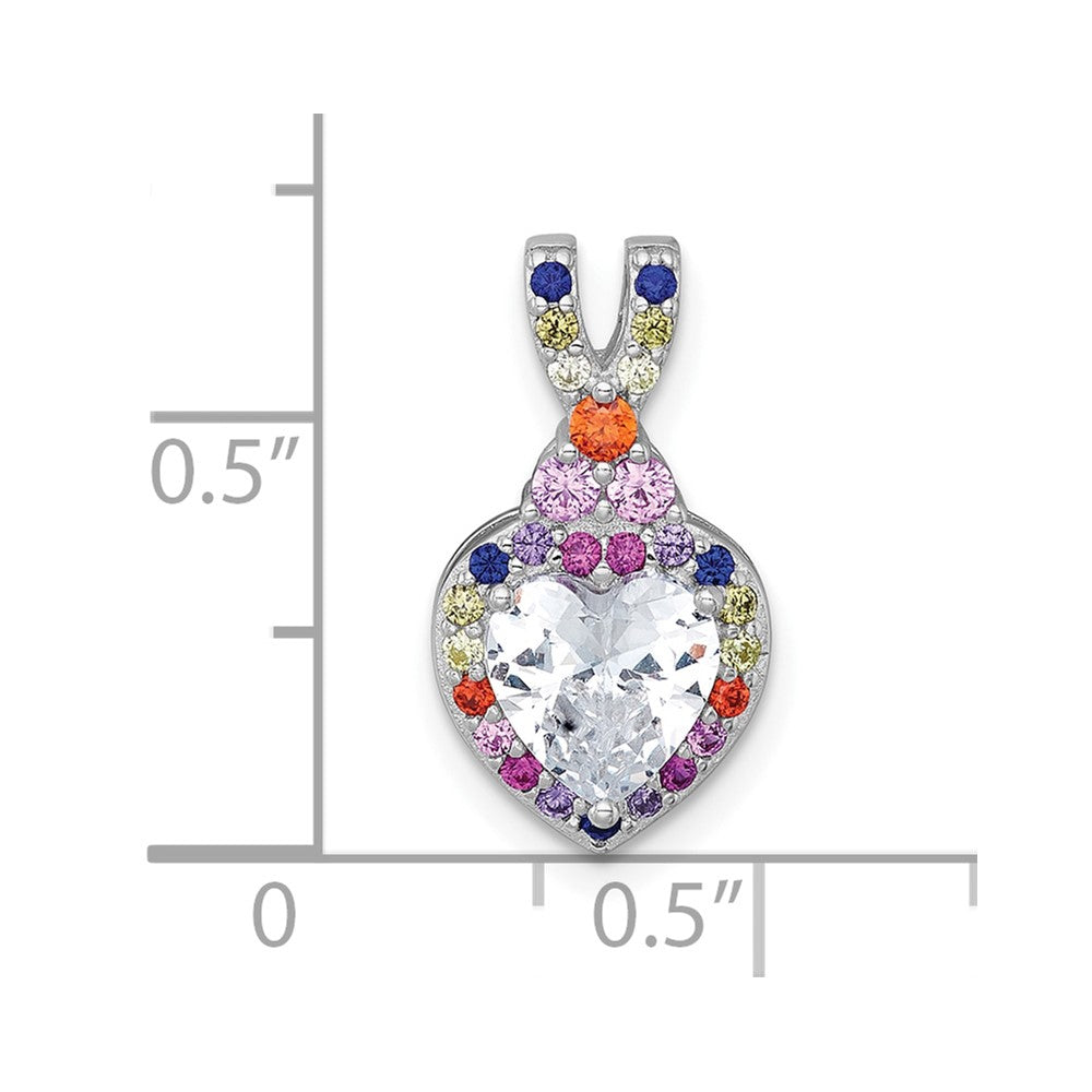 Sterling Silver Rhodium-plated Polished Multi-color Rainbow CZ Heart Halo Chain Slide Pendant