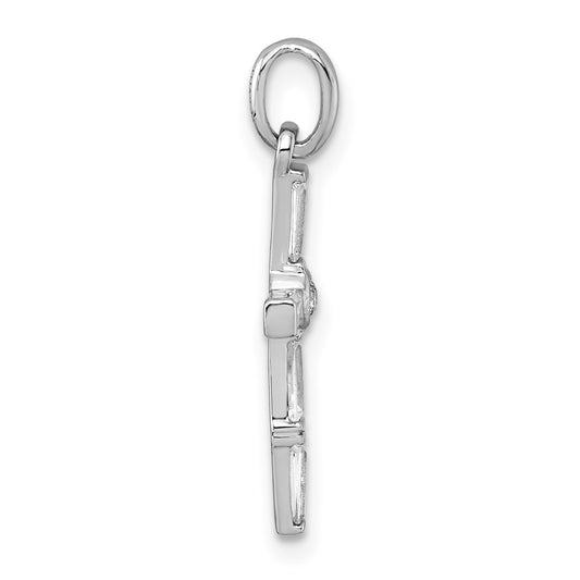 Sterling Silver Rhodium-plated Polished White Baguette CZ Cross Pendant