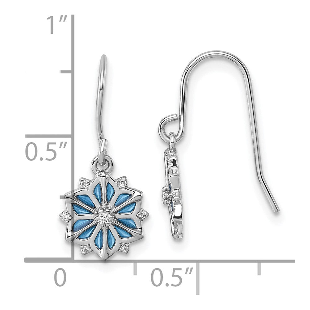 Sterling Silver Rhodium-plated Blue Enamel and White CZ Snowflake Dangle Earrings