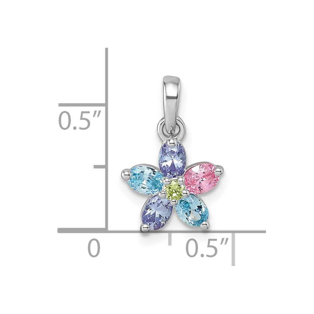 Sterling Silver Rhodium-plated Polished Purple, Pink, Blue and Green CZ Flower Pendant
