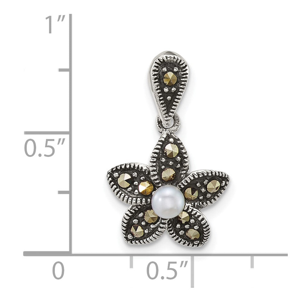 Sterling Silver Antiqued Marcasite and Freshwater Cultured Pearl Fancy Flower Pendant