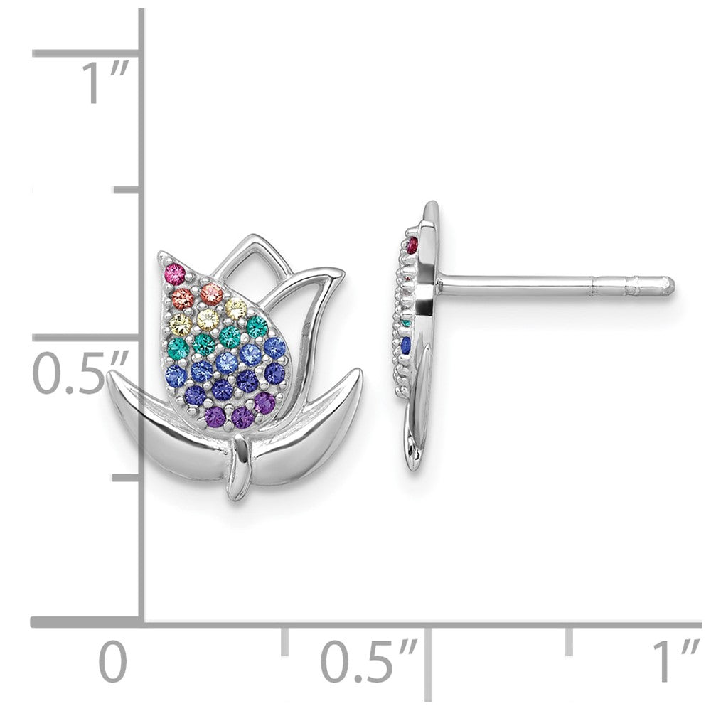 Sterling Silver Rhodium-plated Polished Rainbow Nano Crystals Tulip Post Earrings