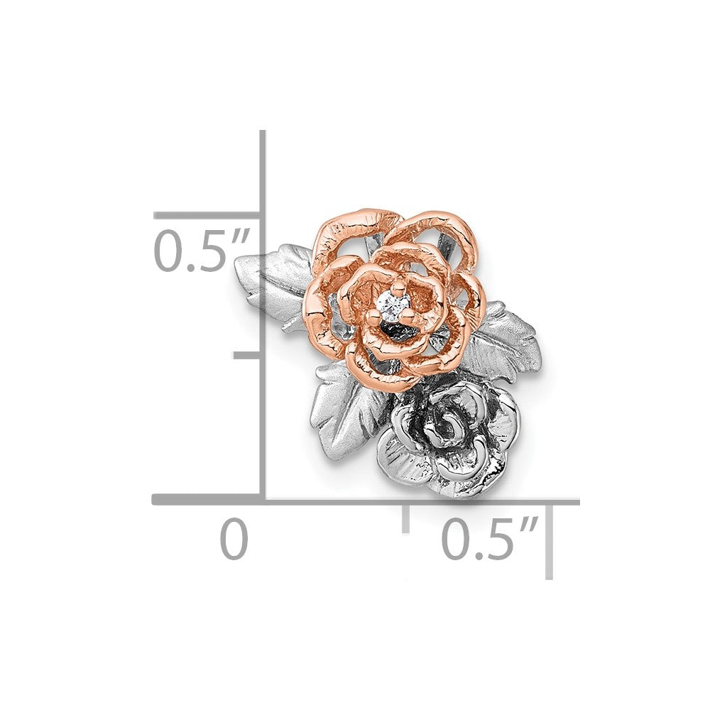 Sterling Silver Rhodium-plated and Rose Gold-plated CZ Flowers Chain Slide Pendant