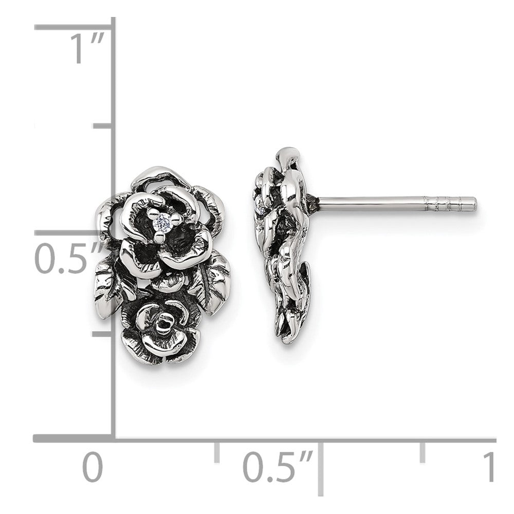 Sterling Silver Antiqued Polished CZ Flowers Post Earrings