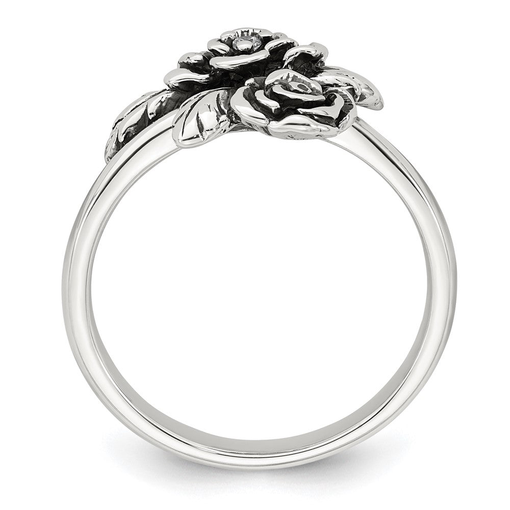Sterling Silver Antiqued Polished CZ Flowers Size 8 Ring