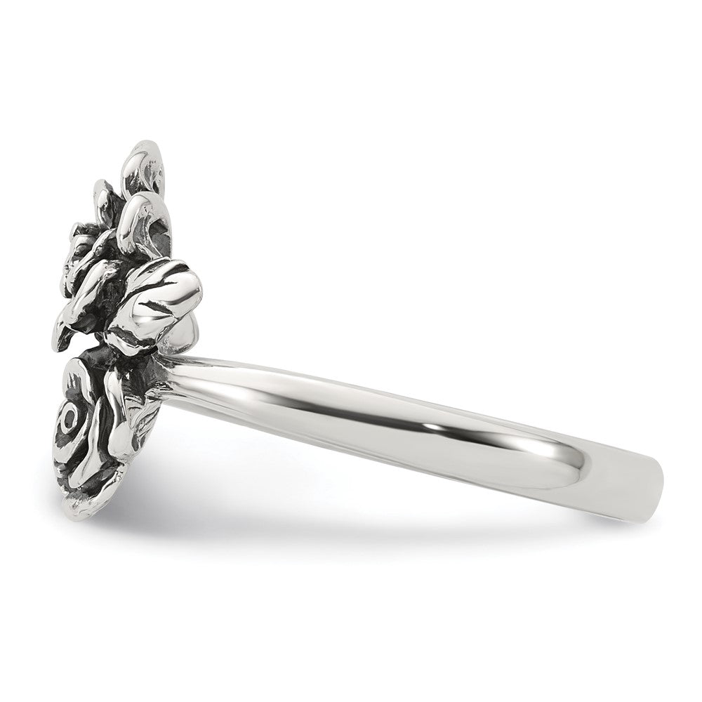 Sterling Silver Antiqued Polished CZ Flowers Size 7 Ring