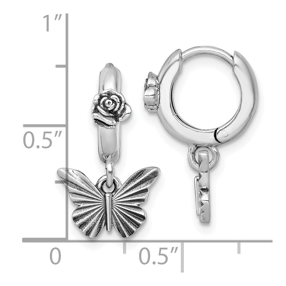 Sterling Silver Antiqued Textured Butterfly Dangle With Flower Hinged Hoop Earrings