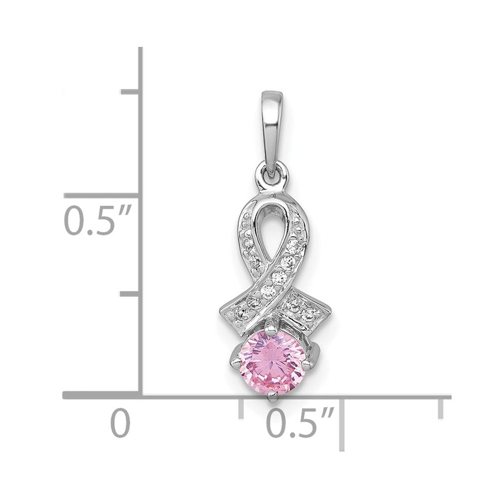 Sterling Silver Rhodium-plated Polished Round Pink and White CZ Awareness Ribbon Pendant