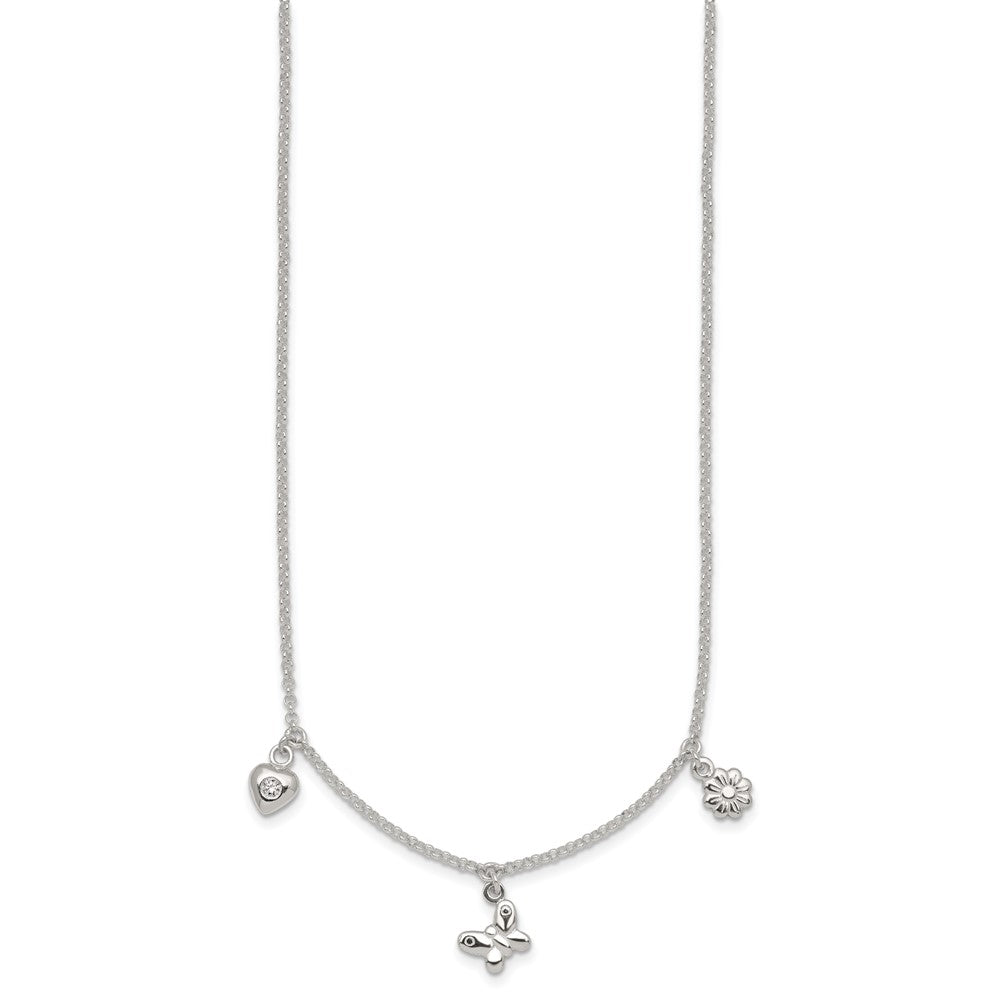 Sterling Silver Polished White CZ Heart/Flower/Butterfly Childrens 14 inch with 1 inch Extension Necklace