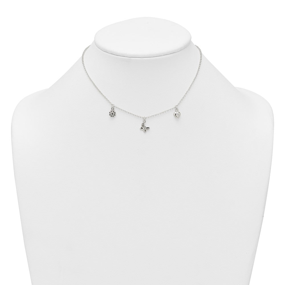 Sterling Silver Polished White CZ Heart/Flower/Butterfly Childrens 14 inch with 1 inch Extension Necklace