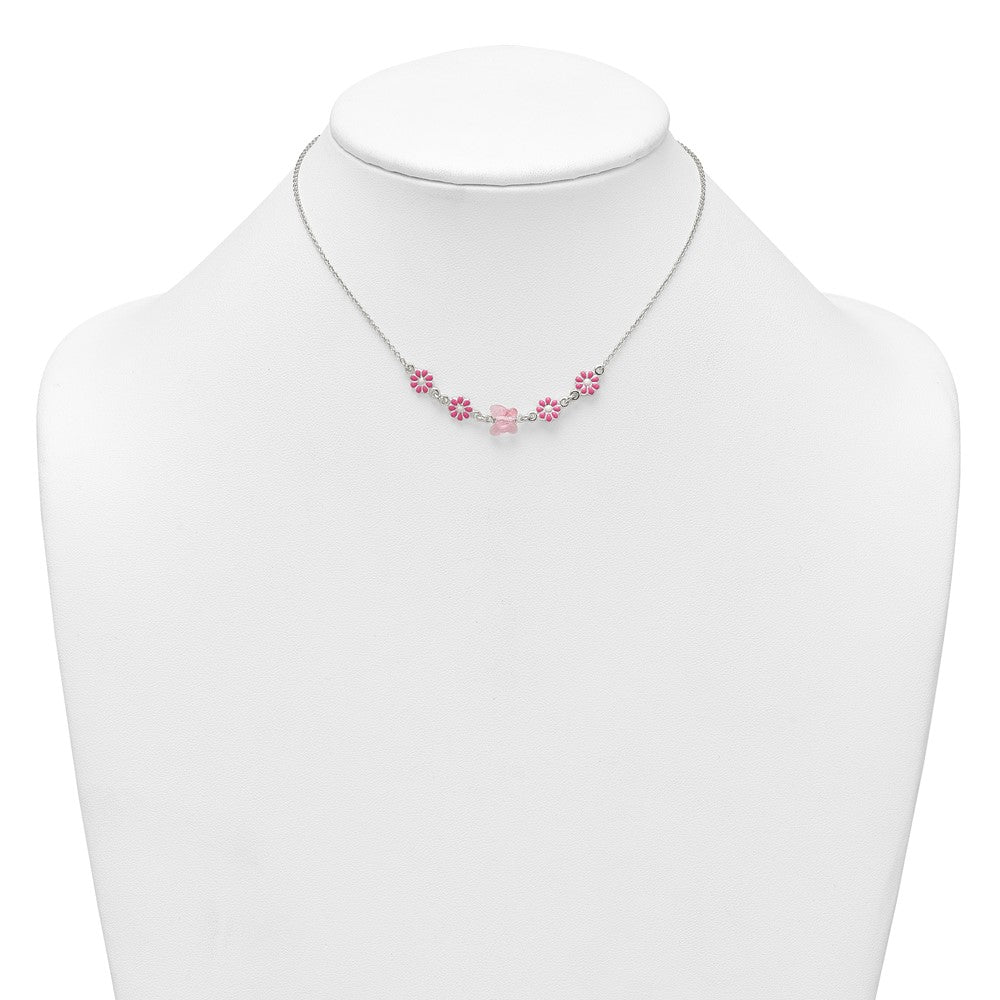 Sterling Silver Polished Pink Enameled Flowers and Pink Glass Butterfly Childrens 14 inch Necklace