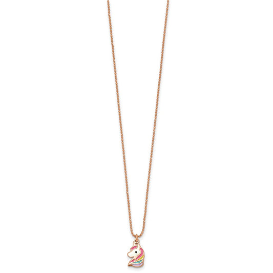 Sterling Silver Rose Gold-plated Polished White and Rainbow Enameled Unicorn 14 inch Necklace