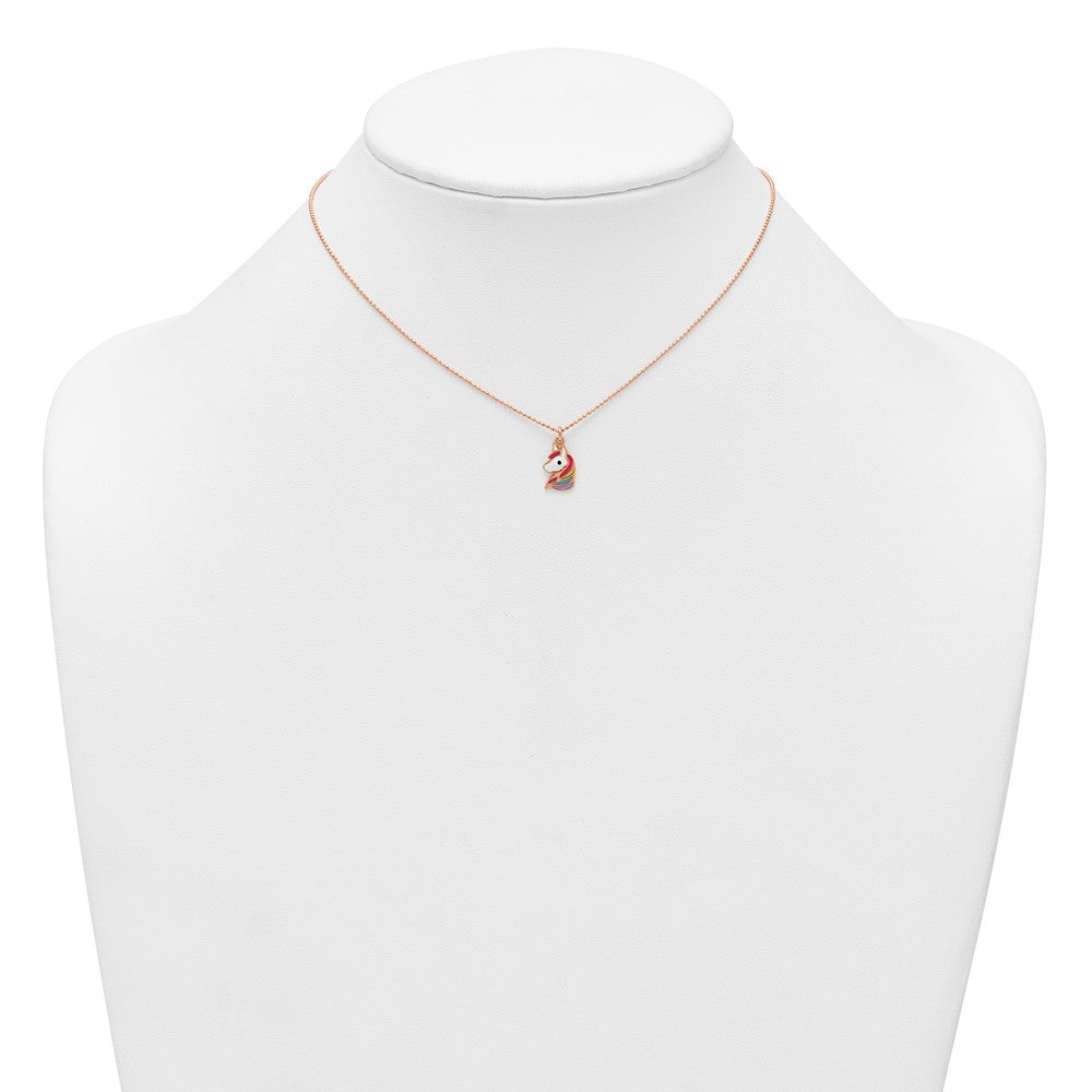 Sterling Silver Rose-tone Polished White and Rainbow Enameled Unicorn Childrens 14 inch Necklace