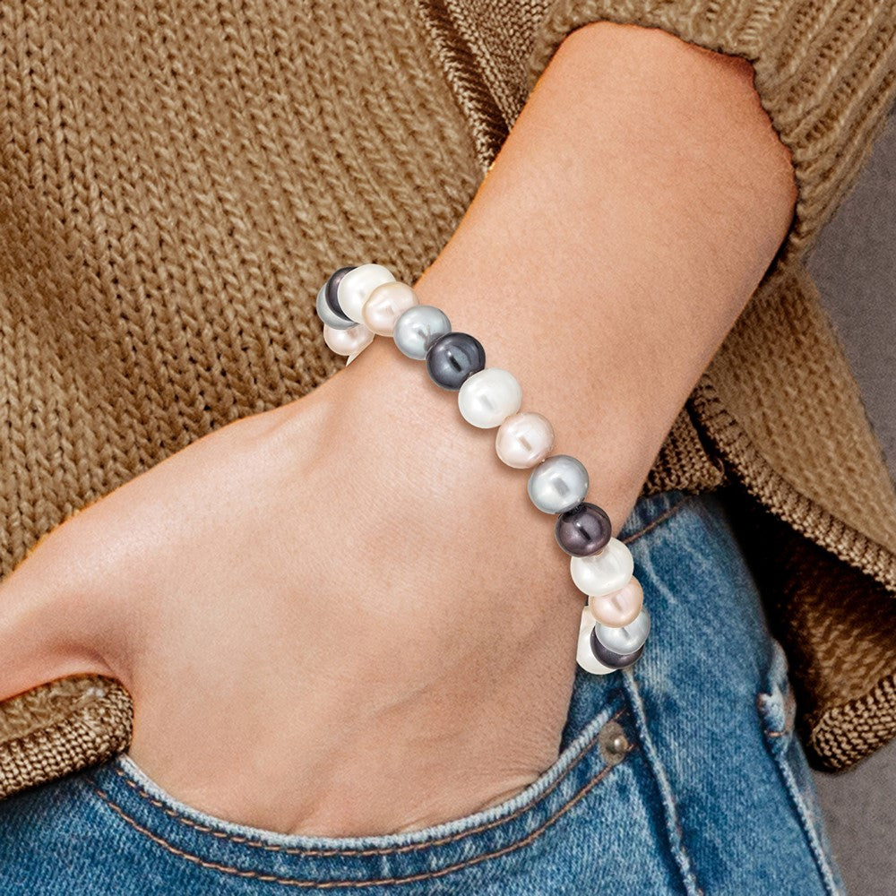 8-9mm White, Platinum, Peach and Black Near-Round Freshwater Cultured Pearl Stretch Bracelet