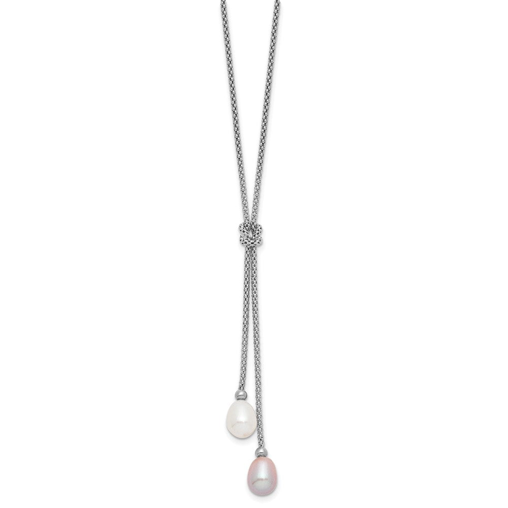 Sterling Silver Rhodium-plated 7-8mm Pink and White Teardrop Freshwater Cultured Pearl Knot 18 inch Necklace and Post Dangle Earrings Set